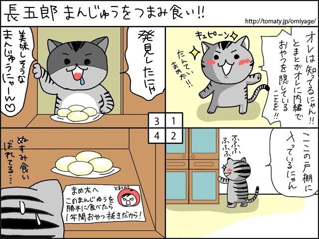 まめ太の4コマ漫画「長五郎まんじゅうをつまみ食い」
