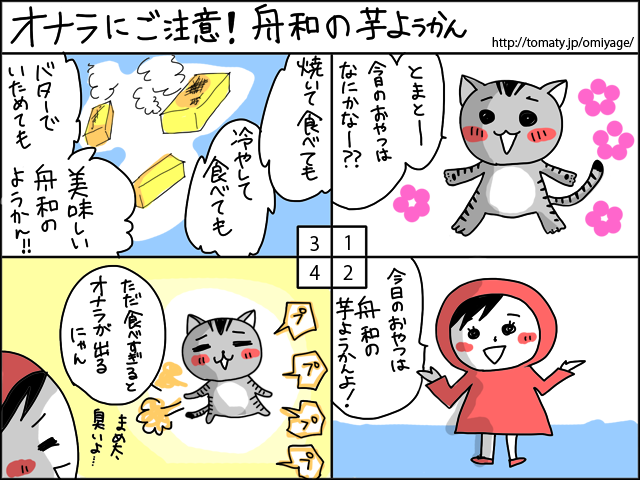 まめ太の4コマ漫画「オナラにご注意！舟和の芋ようかん」