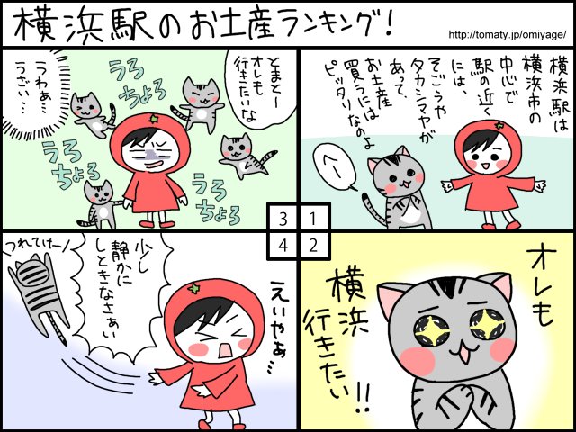 まめ太の4コマ漫画「横浜駅のお土産ランキング！」