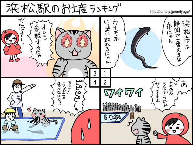 まめ太の四コマ漫画「浜松駅のお土産ランキング」